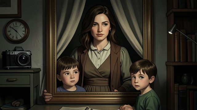The Vacation Photograph from "Chanson douce". The Family Portrait Louise included in the frame Paul photographs Louise holding the children while Myriam shops.