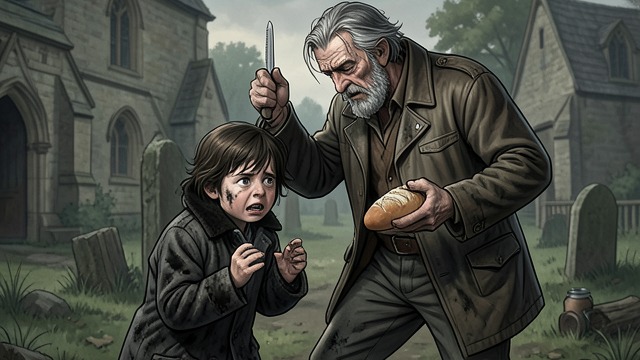 A Frightened Child and Fugitive from "Great Expectations". A Frightened Child and Fugitive The demand Abel Magwitch seizes Pip in the churchyard and threatens him into bringing food and a file.
