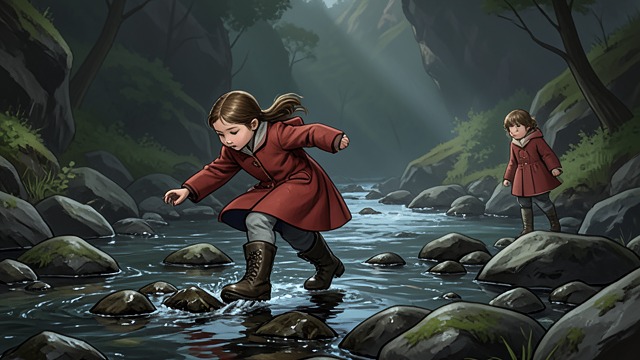 Practice at the Waterfall from "Ronja, the Robber's Daughter". Courage Through Repetition Training Ronia carefully crosses slippery stones and climbs near the rushing river.