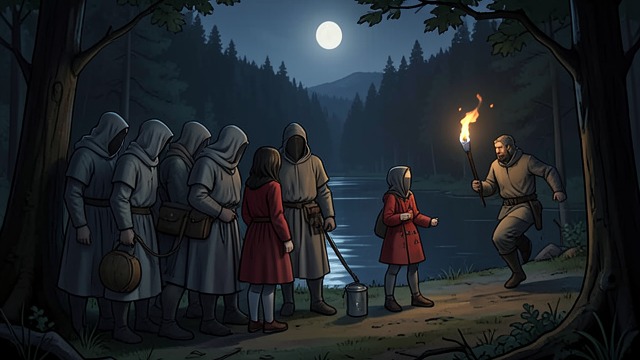 Fear Draws the Dwarfs from "Ronja, the Robber's Daughter". A Lesson in Terror Encirclement Gray dwarfs surround Ronia at the lake and grow dangerous as she screams and fears them.