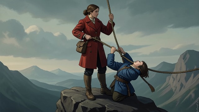 Ronia Saves Birk from "Ronja, the Robber's Daughter". A Rope Over the Abyss Danger Birk slips from Hell’s Gap and lands on a narrow projection. He knows he cannot climb out without help.