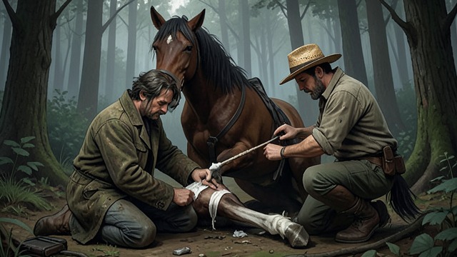 A Mare Saved Together from "Ronja, the Robber's Daughter". Shared Care Urgency Ronia stays beside Lia while Birk runs for moss. He returns, and they work together to stop the mare’s bleeding.