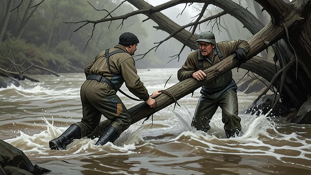 Together Against the Falls from "Ronja, the Robber's Daughter". Rescue Becomes Mutual Effort Shared Peril Birk finds Ronia in the river and pulls her onto the fallen birch. Both face the same current and approaching falls.