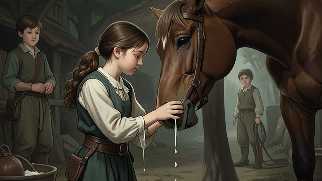 Milk and a Name from "Ronja, the Robber's Daughter". A New Household Member Nourishment Ronia notices that Lia has milk and relieves her udder. The milk gives the children food while the mare recovers.
