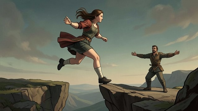 A Choice at the Gorge from "Ronja, the Robber's Daughter". Loyalty Made Visible Crossing When Matt holds Birk, Ronia leaps across the gap to Borka’s side. She chooses her brother’s safety over her father’s approval.