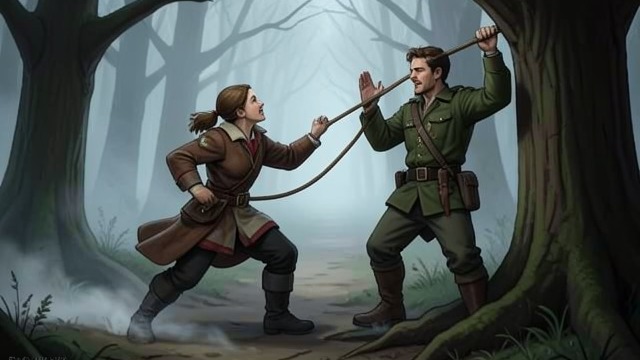 A Thanked Rescue from "Ronja, the Robber's Daughter". Gratitude Against Pride Rescue Ronia uses her leather rope to pull Birk to safety. He thanks her, while she punches him and orders him away.