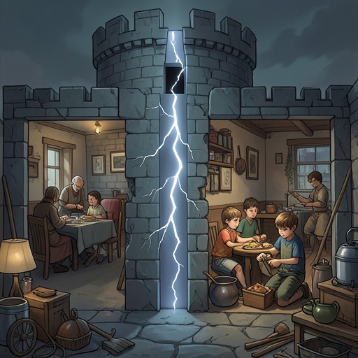 The Divided Fortress from "Ronja, the Robber's Daughter". This flow follows the lightning-split fortress from birth omen to contested home and, finally, shared ground.