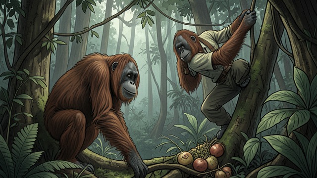 Choosing the Island from "Kensuke's Kingdom". Survival Becomes a Life Learning from the forest Kensuke watches the orangutans to learn what to eat, how to climb, and when danger is near.