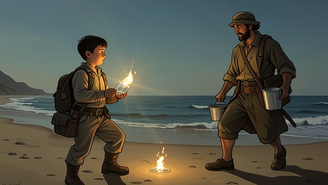 生火之争,《肯斯克的王国》中的场景。让希望显现 一项实用的发现 迈克尔利用一块玻璃碎片和阳光,学会了生火。他想象着,火的温暖与烟雾或许能保护自己,也能引起路过船只的注意。 意料之外的禁令 健介一发现火焰,便立刻将它们扑灭。迈克尔第一次试图独立行动,反而显露出两人之间的分歧:迈克尔盼望逃离,健介却害怕他们被人发现。