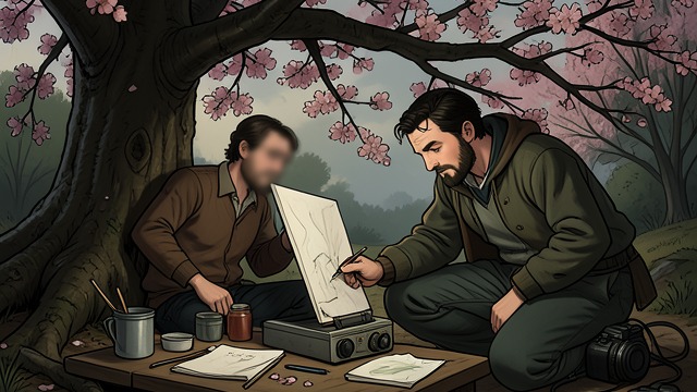作为观看实践的艺术,《肯斯克的王国》中的场景。记忆化为图像 树下的家人 健介在一棵樱花树下画下木美和道也,尽管他们的面容仍然模糊。他记得他们是谁,也记得他们在自己生命中的位置,却无法重新描绘出他们清晰可见的完整形象。 艺术跨越世代 在健介的指导下,迈克尔自己的绘画渐渐成熟,而健介也珍藏了其中许多作品。