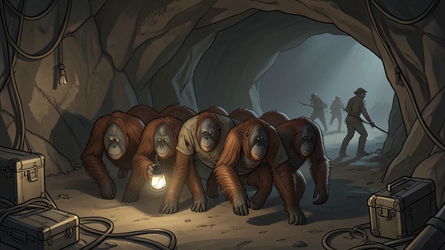 Shelter from the Hunters from "Kensuke's Kingdom". Kensuke Protects His Family The animals are gathered When the hunters return, Kensuke sings and leads the orangutans toward the cave.