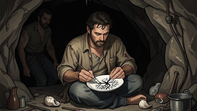将艺术作为观看的实践,《肯斯克的王国》中的场景。洞穴中的细致创作 静默绘成的图像 小川健介用章鱼墨水在大贝壳上绘画,画下动物、鸟和树。他常常洗去画作,重新开始,显露出他对专注有着私人的高标准,而非渴望展示作品。 邀请迈克尔 当他送给迈克尔一幅开花树木的画时,小川健介开始分享珍贵之物。这份礼物让艺术成为两人之间的一道入口,而他们一直难以用言语沟通。