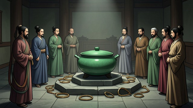 The Vessel Nourishes the Worthy from "I Ching". Government Finds Its Proper Use A refined instrument The final line gives the cauldron jade rings and a favorable outcome.
