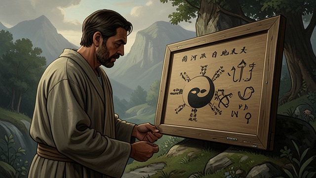 卦图映照世界,《周易》中的场景。自然形态化为象征 观察世界 《系辞》称,古代圣人创制八卦之前,曾考察天、地、动物与人类生活。卦图被描述为自然规律的呈现。 理雅各转述了这一说法,同时质疑它如何解释卦图的具体形态。 象征的涵盖范围 这一主张赋予卦图广泛的涵盖范围:自然现象与人类事务都可以通过卦图加以考察。