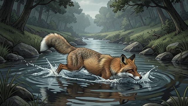 The Crossing Is Taken Up Again from "I Ching". The Unfinished Passage The state is still unsettled Not Yet Completed depicts a young fox nearly across a stream whose tail gets immersed.