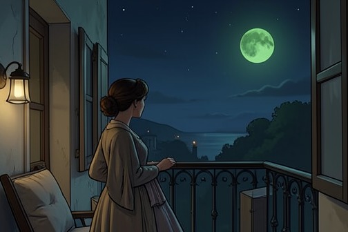 Aomamé发现天空中出现两个月亮 from "1Q84". Aomamé discovers two moons in the night sky while staying with Ayumi, and the sight becomes the clearest evidence yet that the reality she knows has shifted.