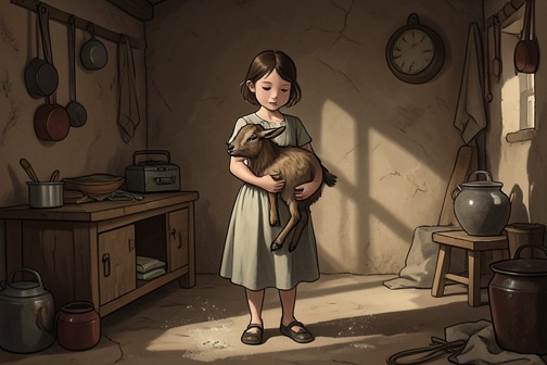 The blind goat’s death and Fukaeri’s punishment from "1Q84". The blind goat’s death and Fukaeri’s punishment form a defining episode in the account of her childhood later encountered by Tengo in *The Air Chrysalis*.