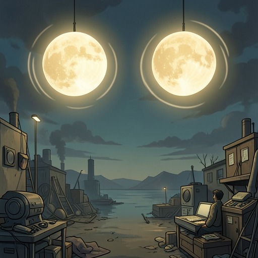 两轮月亮的意义,《1Q84》中的场景。这条故事线追溯第二轮月亮如何从不可能的景象,转变为连接现实异变、个人感知与书写故事的象征。