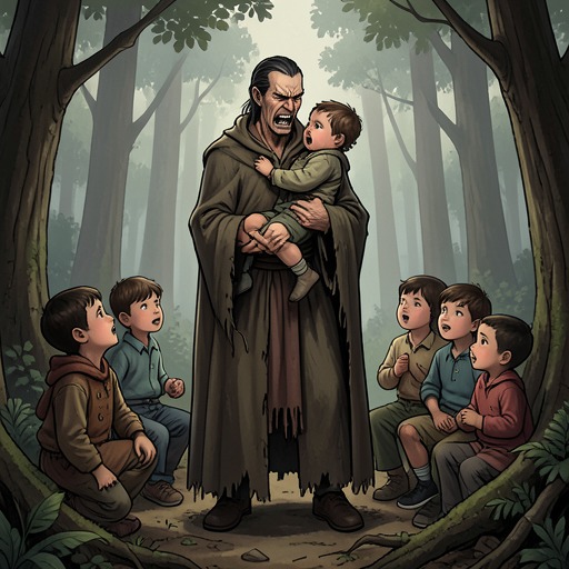 Rumpelstiltskin’s Lesson from "One Thousand and One Nights". This flow traces Rumpelstiltskin’s repeated firstborn schemes from childish entitlement to capture and renewed family discipline.