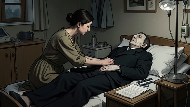 Compassion at the Sickbed from "The Tenant of Wildfell Hall". Compassion at the Sickbed A return without reconciliation Helen hears that Arthur Huntingdon has been badly injured and is without capable care.