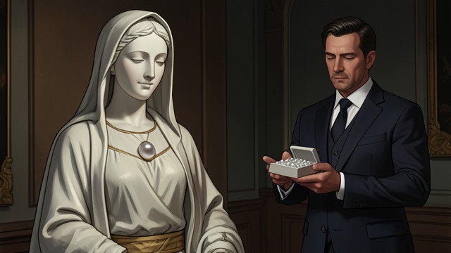 The Pearl Trade from "La piel del tambor". The Pearl Trade Original gems removed The original pearls disappear from the Virgin statue and imitation stones take their place.