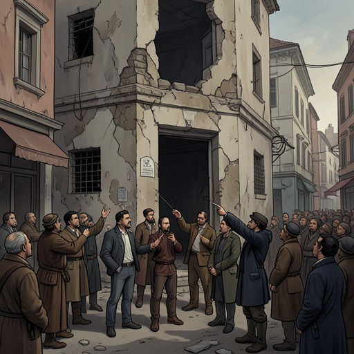 The Church Property Battle from "La piel del tambor". This flow frames the property dispute as a shifting conflict among the parish, the archbishop, local government, finance, and the Bruner family.