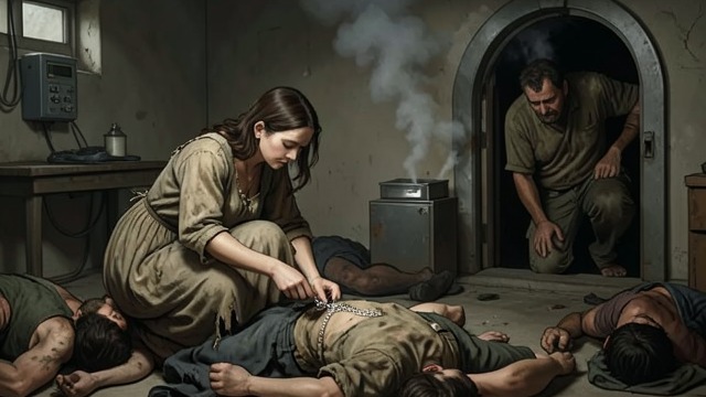 卡拉贝基安一家的流亡,《蓝胡子》中的场景。逃亡的父母 劫后余生 拉博的母亲混在尸体中,假装自己已经死去,因而幸存下来;他的父亲则躲在厕所里,士兵在周围杀害人们。两人各自背负着对这场灾难的不同记忆。 以珠宝换取未来 他的母亲从死者身上收集珠宝,却小心地留下老妇人嘴里仍含着的珠宝。这些珠宝成为这对夫妇离开故土、寻求新生活的依凭。