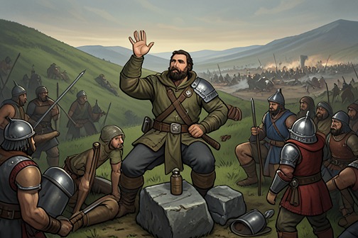 Battle of Rephidim from "Torah". At Rephidim, Amalek fought Israel, and the Israelites prevailed when Moses held up his hands on a hill while Joshua led the fighters below.