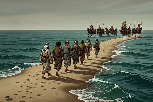 Crossing of the Red Sea from "Torah". The Crossing of the Red Sea transforms the Israelites’ escape from Egypt into an unmistakable deliverance: pursued by Pharaoh’s chariots and army, they pass…