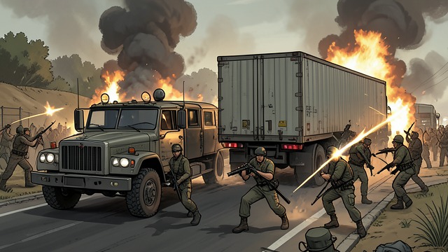 The Mountain Ambush from "My Tender Matador". The Attack Unfolds Convoy Trapped A trailer blocks the road and the Front opens fire on the stopped vehicles.