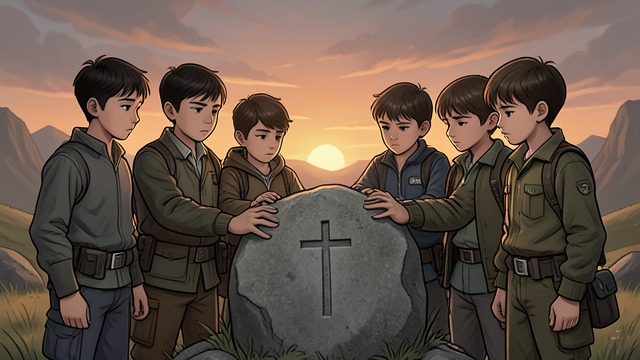 墓前的承诺,《卡拉马佐夫兄弟》中的场景。悲痛化为情谊 怀念逝去的男孩 伊柳沙下葬后,阿辽沙请男孩们珍藏他们共同怀念他的记忆。科利亚和其他孩子倾听着,阿辽沙将友谊化作一份长存的承诺。 携手共赴未来 男孩们以深情和希望作答,想象着彼此日后还会重逢。阿辽沙的讲话将孩子们的悲痛化作共同的记忆,指引他们成长。