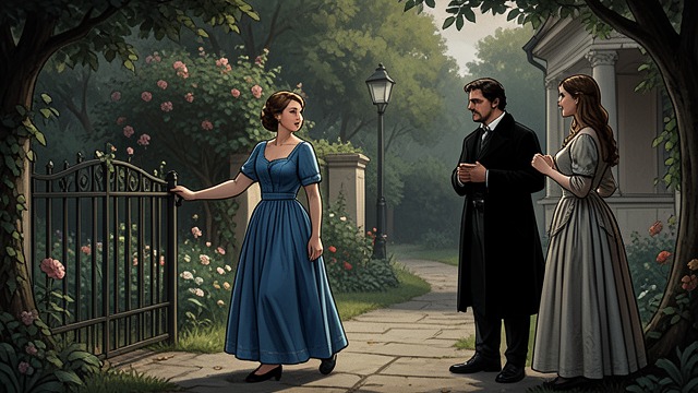 梅菲斯特与玛尔塔,《浮士德》中的场景。以欺骗促成姻缘 两场平行的交谈 玛尔塔与梅菲斯特边走边谈,浮士德则在附近与玛格丽特交谈。 这种安排让两名男子得以借邻里拜访这一体面的名义,推进各自的计划。 有隐情的场所 玛尔塔的热情款待发自真心,但这场会面是通过捏造死讯、承诺作伪证才促成的。 因此,花园里的温情从一开始就笼罩在欺骗之中。