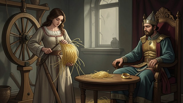 The Queen’s Promise from "Rumplestiltskin". The Queen’s Promise A larger trial The King sets a yet larger heap and offers marriage if it is completed.
