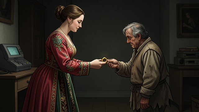 A Ring Given from "Rumplestiltskin". A Ring Given Another possession surrendered The queen gives Rumpelstiltskin her ring when she needs him to complete the second heap.