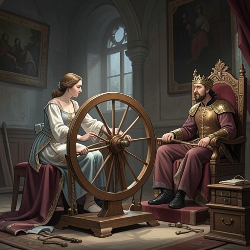 The Three Nights of Spinning from "Rumplestiltskin". This flow charts the escalating spinning tests and shows how each apparent success prompts The King to demand more.