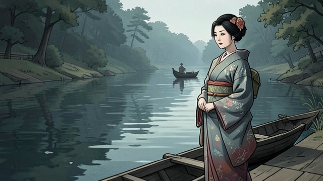 来自与廊井户的溪流,《艺伎回忆录》中的场景。来自与廊井户的溪流 想象中如同一段航程的人生 起初,纱由把自己的一生想象成一条溪流,从家族那间“醉斜屋”流向大海。这个意象同时呈现了牵绊与局限:她能想象水流将把自己带往何处,却无法想象水流之外的道路。 最初的改变 遇见田中先生,改变了她眼前的种种可能,尽管她把对方的关注理解成获救的承诺。
