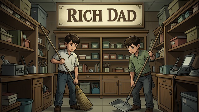 Lessons at Work from "Rich Dad Poor Dad". Shared Apprenticeship Repetitive Work Mike and Robert clean shelves for Rich Dad, experiencing how uninspiring a wage job can feel.