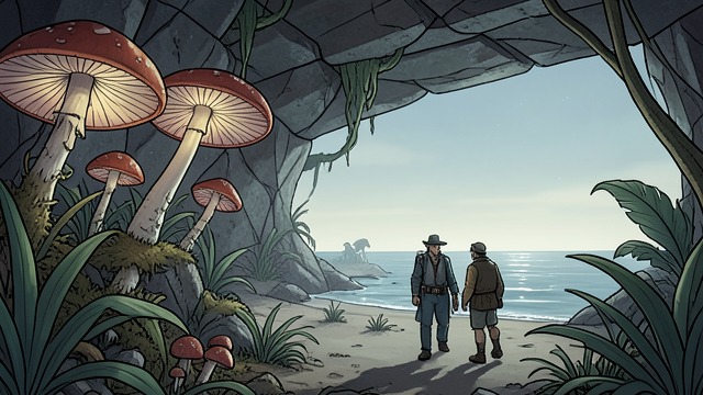 中央海的新地理,《地心游记》中的场景。新生命的海岸 石下的植被 旅行者在海岸附近发现了巨大的蘑菇和庞大的植物。它们的体形和外观显示,这个世界保留着与远古时期相关的形态。 在花岗岩穹顶下,奇异而稳定的光照映着这片既美丽又令人不安的景观。Henry和教授既将这里视为科学探索的机遇,也意识到此地的生态规律仍未可知。