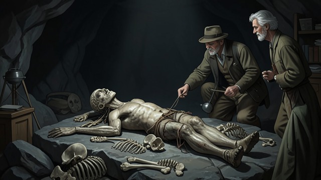 从遗体提出的论证,《地心游记》中的场景。从遗体提出的论证 教授的解读 哈德威格教授检查遗体后,断定它属于第四纪的人类。他将遗体显现出的特征作为远古人群存在的证据,并把这一发现与当时的科学争论联系起来。 Henry听着叔叔把这项发现讲成一堂课。教授信心十足,但这具保存下来的遗体并不能解答它如何会留在那里的所有问题。
