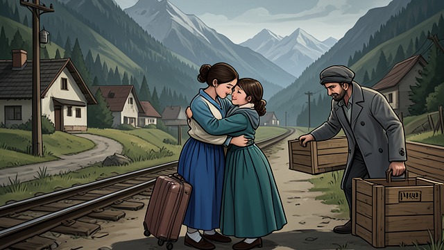 Leaving the Mountain Village from "Grey Bees". Leaving the Mountain Village A family prepares Aisylu and Server help Sergeyich load the hives, while Aisha packs her suitcase and backpack.