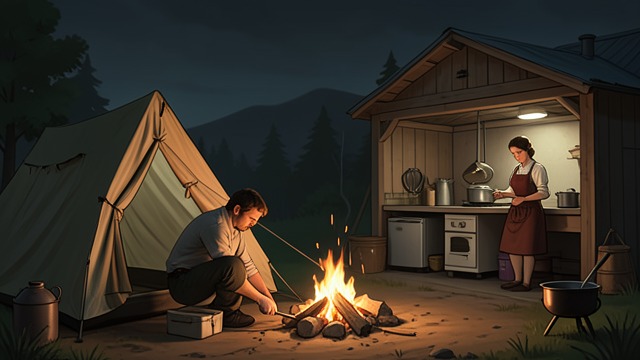 The Temporary Home from "Grey Bees". The Temporary Home A refuge built from little At the campsite, Sergeyich sets up a tent, fire, and apiary, gradually establishing a working home.
