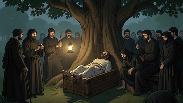 阿赫捷姆失踪与归来,《灰色蜜蜂》中的场景。遗体终于归还 失踪者被找到 当局最终归还了阿赫捷姆的遗体。遗体是在树林中的一处埋葬地点发现的。他的死亡结束了人们对其遗体下落的猜测,却没有说明是谁杀了他,也没有解释原因。 葬礼及其后续 谢尔盖伊奇参加了葬礼,后来得知自己的询问或许促成了遗体归还。阿伊苏鲁向他致意,而家人的哀悼也让他不确定自己是否能留在他们身边。