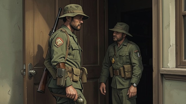 A Gift at the Door from "Grey Bees". A Gift at the Door Courtesy under arms Petro asks permission to enter Sergeyich’s home and keeps his rifle nearby.