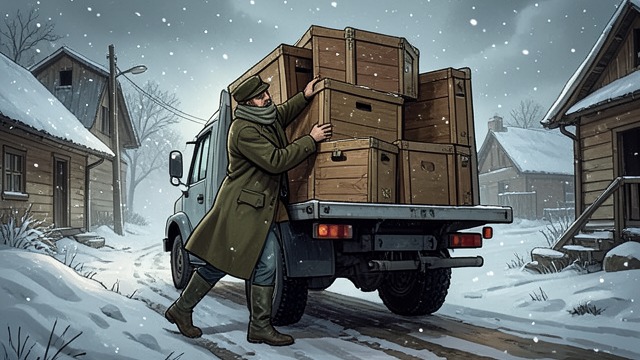 A Journey for the Hives from "Grey Bees". A Journey for the Hives Loading the apiary Sergeyich prepares his Lada and trailer, closes the hive entrances, and carries his six colonies out of the village.