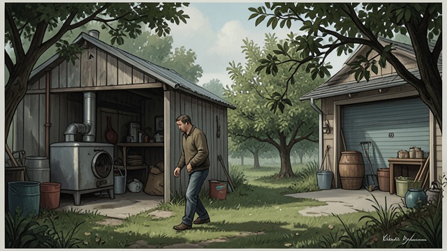 A House That Holds Him from "Grey Bees". A House That Holds Him Familiar routines Sergeyich moves between his stove, shed, orchard, and garage, maintaining a small world inside an emptied village.