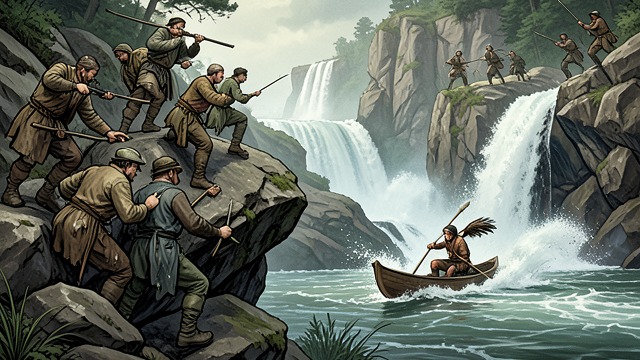 The River Assault from "The Last of the Mohicans". An Assault from Above Risky Approach Hurons use the river's current and driftwood to reach the island from a direction the defenders must watch closely.