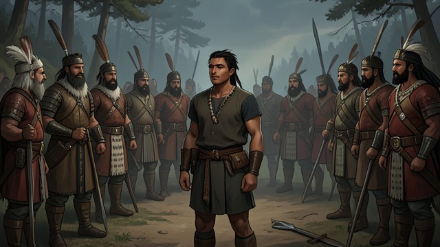 The Young Warrior's Trial from "The Last of the Mohicans". A Son Beyond His Father's Reach Captured alone Uncas stands before the Huron chiefs without Chingachgook beside him.