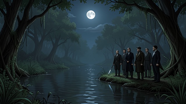 The Night Approach from "The Last of the Mohicans". The Night Approach A landmark in darkness Hawkeye recognizes the pond and identifies it as the bloody pond.