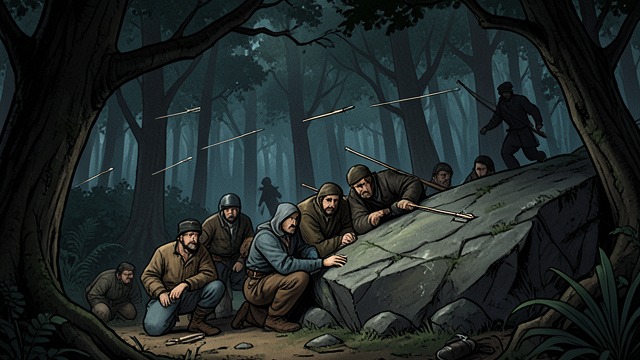The Siege of the Island from "The Last of the Mohicans". The Attackers Close In Fire from the Banks Huron fighters surround the rock refuge and shoot across the water.