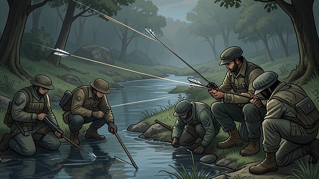 The Party Enters Battle from "The Last of the Mohicans". A Dangerous Advance Concealment and exposure Hawkeye leads his fighters along a brook, using its banks as cover.